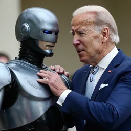 robocop beating up joe biden, detailed facial expression, slow motion, cinema still