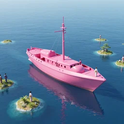 unrealengine / one pink metal ship on the floating sea of small islands in the center of the painting, / eight humans wearing kimonos are dancing on the ship / neon - lit ships shine in the dark sea / a ray of divine neon light illuminates the ship from heaven