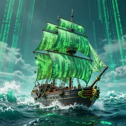 an cyberpunk caravel ship with sails, sailing in big tempested ocean waves, water of the ocean is made of neon green and teal matrix code, highly detailed digital by rob gonsalves, intricate, hyperrealistic, anthropomorphic, volumetric lighting, bright colors, lens flare, 6 point perspective