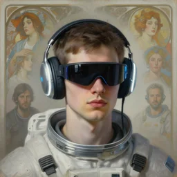 future coder dude looking on, compact cyclops visor over eyes and sleek bright headphoneset, neon accent lights, desaturated headshot portrait painting by dean cornwall, ilya repin, rhads, tom whalen, alex grey, alphonse mucha, donoto giancola, astronaut cyberpunk electric fashion photography