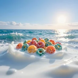 side view extreme close up of a white vitamin d milk ocean sea. a colorful fruit loops cereal floats in the ocean. an ocean of gentle rolling waves made of white milk. nice blue sky morning sun on horizon. digital art, cgsociety award winner, ue 5, 4 k, dramatic lighting, subsurface scatter, hdr, dues ex.