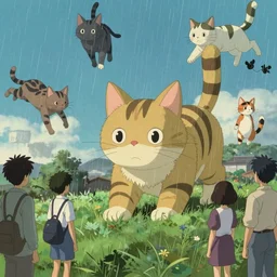 giant cats are falling from the sky like rain, bystanders watching from the sides, 4 k, by miyazaki, monokubo, artstation,