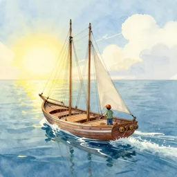 7 0 s movie style, illustration, watercolor, sunshine, boat on the sea, one dutch, speed,