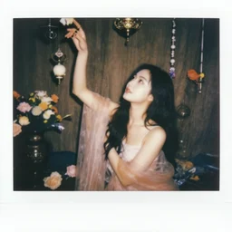 beautiful woman reaching nirvana, surrounded by ornaments and flowers, polaroid photography