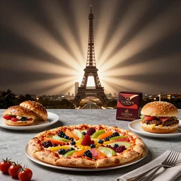 so delicious fruits pizza cake hamburger on the table, beacons, worm dynamic lighting, pierre herme paris, godiva products photo