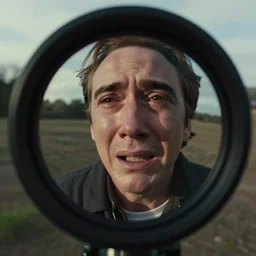 nicolas cage cries while staring into a fisheye lens