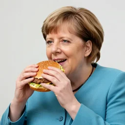 angela merkel eats happily a hamburger