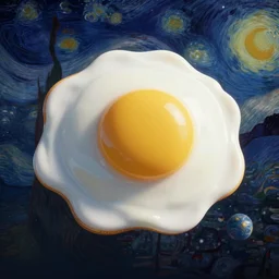 3d render of a fried egg shaped planet flowing and flying through interstellar deep space depicted by Vincent van Gogh, octane render
