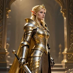 standing queen elf profile view with armor in curve golden and silver colors and a curve long sword, full body, detalles face, blue eyes, epic masterpiece of cinematographic hyperrealism, realistic shaded lighting poster by craig mallismo, artgerm, jeremy lipkin and michael garmash, unreal engine, radiant light, detailed and intricate environment, digital art, art station trends