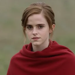 young emma watson in a red shawl looking intently at the camera, a colorized photo by steve mccurry, featured on cg society, hyperrealism, associated press photo, provia, wide lens