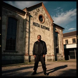 Kanye West standing in front of the building of Huta Katowice, iPhone photo