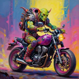 a scifi post apocalyptic orc biker, psychedelic vibrant colors, futuristic punk rock fashion, oil painting by ed repka art, sharp focus, realistic, highly detailed, 8 k
