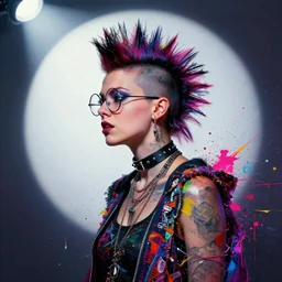 a punk girl with a mohawk wearing circular glasses, wearing a choker and necklaces, side portrait, defiant, passionate, spotlight, paint drips, glitching paint splatter, vibrant colors, dramatic, brush strokes, collage, textiles, futuristic clothing, digital painting, by marco paludet, by jeremy mann, by hannah hoch