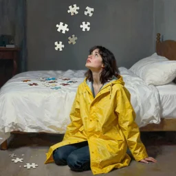 a dark-haired woman wearing a yellow raincoat sitting on the floor in front of a bed covered with white linen, puzzle pieces are hovering in the air, a sense of awe, atmospheric, cinematic, hyperrealistic, volumetric lighting, Oil Paint, by Frank Frazetta