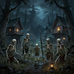 a group of dangerous skeletons in a forest village at night, dnd, concept art, fantasy art, detailed