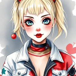 a watercolor portrait illustration by sui ishida and alphons mucha of an anime girl as harley quinn highly detailed anime eyes wearing streetwear clown suit lots of zippers, pockets, synthetic materials, jumpsuits by issey miyake and balenciaga 8 k