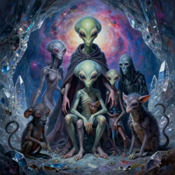 painting of a creepy alien family, intercrossed humans, mixed animal, in a beautiful crystal caverine, by giger, zdzislaw beksinski, frank frazette, cold hue's, amazing colorful neubula background, digital art, concept art, animal painting, beautiful composition 3 - d 4 k,