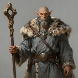 a male orc druid, wearing a grey fur robe, holding a wooden staff in his right hand, Matte painting , detailed painting, greg rutkowski