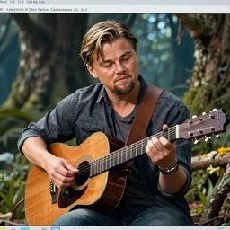 alone leonardo dicaprio with blonde hair playing guitar inside of warcraft elwynn forest, pc screen image.