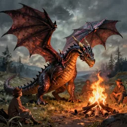 wingless dragon telling a story around a campfire, in the style of brian froud
