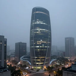 headquarters of an evil corporation, by zaha hadid, night timz, foggy , hyperrealism, no blur, 4k resolution, ultra detailed, style of John Berkey, Norman Rockwell, Hans Thoma, Ivan Shishkin, Tyler Edlin, Thomas Kinkade
