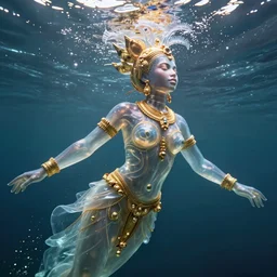 hyperrealistic precisionist cinematic half underwater scene very expressive! translucent elegant african goddess full body, gold jewerly, highly detailed face, digital art masterpiece, aykut aydogdu eric zener, dramatic volumetric light, long shot, low angle uhd 8 k, sharp focus