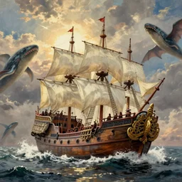 an impossibly huge pirate ship, being attacked by a kraken. 1910s photograph