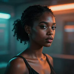 insanely moody vaporwave portrait of a gorgeous african beauty, motion blurred background, teal and orange colors, vaporwave, photorealism, cinema still, photography, octane 3 d, vray render, insane details, 8 k high definition, artstation