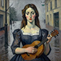 portrait painting of a woman on a rainy day in real life, cubism, in the style of girl with a mandolin by picasso, elegant, highly detailed, artstation, illustration, art by picasso