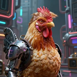 a creature with head of donald trump very clear and body of a chicken, tech armor, hypertechnological world in the background, steampunk, cyber city, neon light, matte paiting, hyper detailed, artstation