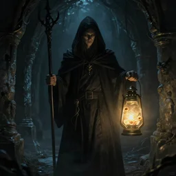 shadow mage. holding lantern, filled with souls lighting deep catacombs. fantasy concept art 4 k refractive lighting artwork by ljunggren, tyler edlin marc simonetti