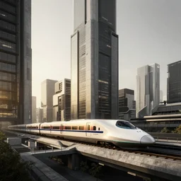 futuristic city center with 890J maglev train in background, modern landscape architectural design for brutalist industrialpunk black and white concrete and glass, train with maroon, white and teal metallic accents, gorgeous lighting, golden hour, cyberpunk, 2077, dramatic lighting and composition, photography, 8k, origin 100i, star citizen concept art, single line, golden ratio, artstation, trending on artstation, minimalistic composition, side profile, Tokyo, JR sc Maglev, TGV, Eurostar