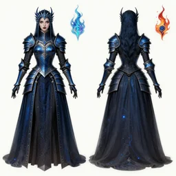 Character concept sheet of a Gothic princess in dark and blue dragon armor. By (Rembrandt painting(100)(fractal flame)), highly detailded