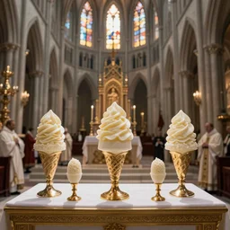 Ceremony of a soft ice ice cream on an altar during a Latin Rite Catholic Church Service in a Medieval Cathedral
