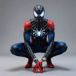 long shot photo of a cybernetic spider man with leds