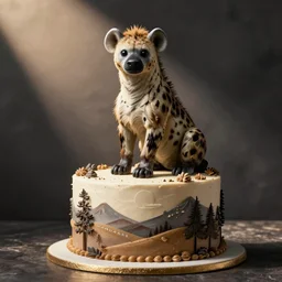 a birthday cake, hyena sitting on top