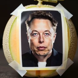 a photograph of elon musk taped on a melon