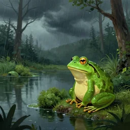 soggy bushes blabbering about a storm in the swamp pond, a giant frog sits and ponders life and the pond's dangers, digital art
