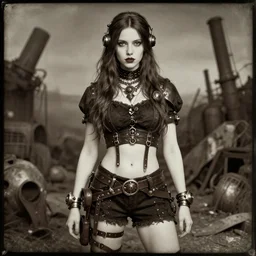 daguerreotype of beautiful steampunk girl, white skin, long brunette hair, lipstick, short pants, belts, black croptop, junkyard, high fantasy, highly detailed, digital illustration, by rossdraws, sakimichan frank franzzeta