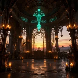 plazma interior design, bioluminescent, steampunk artnouveau, candlelight, sunset glow, dark shadows, octane render, volumetric lighting, raytracing, symmetrical wide shot low angle