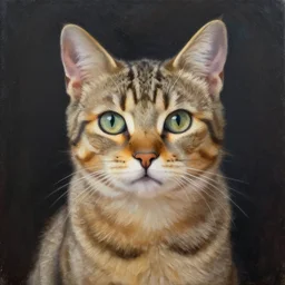 tabby cat in front of a dark background, oil paining, highly realistic, romantic style