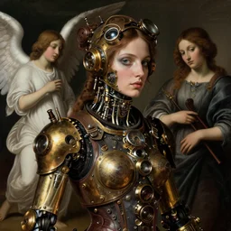 portrait of steampunk female android, by sandra chevrier, fra angelico and sandro botticelli