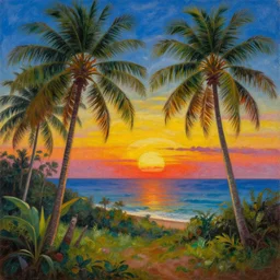 psychedelic surreal oil painting of a sri lankan landscape at sunset, coconut trees in the foreground, ocean sunset in the background, realistic oil painting by gustave dore, - h 6 4 0,