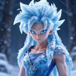 portrait focus of Super Saiyan beautiful 3D anime girl!!! Frozen ice!! dark forest background, snowing, bokeh, inspired by Masami Kurumada, digital painting, high contrast, unreal engine render, volumetric lighting, high détail