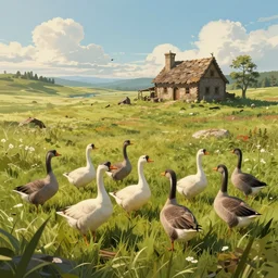 a flock of geese in a beautiful grass landscape with an poor medieval peasanthouse in the background, artstation, cgsociety, 8 k, cinematic, unreal engine, octane render, illustration digital animation, trending on artstation, art by wlop and greg rutkowski, rule of thirds, golden ratio, ambient lighting