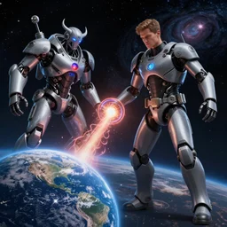 opening of the universe's 1 0 th dimension unlocking gravity and momentum, evil looking cyborg warrior approaching earth, sargent and leyendecker and greg hildebrandt, stephen bliss, intricate fantasy, greg rutkowski, loish, rhads, ferdinand knab, makoto shinkai, ilya kuvshinov, rossdraw
