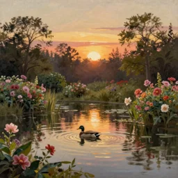 a painting of a duck pond at sunset, surrounded by flower bushes, a detailed matte painting by Michael James Smith, deviantart, hudson river school, terragen, trending on artstation