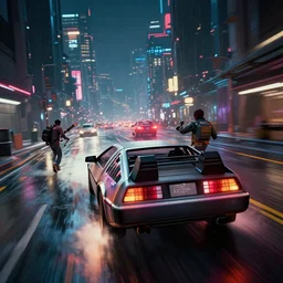 photo of the back to the future combat delorean driving on wet dystopian cyberpunk city streets at night, rocket league, mad max, action, speed, volumetric lighting, hdr, gta 5, makoto shinkai, syd mead, craig mullins, cinematic, fast and furious, octane, 8 k, iso 1 0 0, 1 2 mm