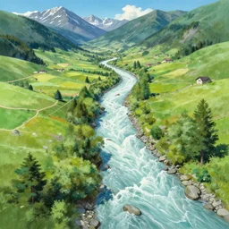 a river flowing through the mountains of austria, aerial view finely detailed perfect art, painted by greg rutkowski makoto shinkai takashi takeuchi studio ghibli