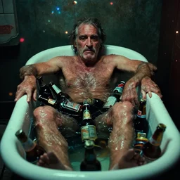 the full - body shot of drunk old wrinkled unkempt drunkard ( ( joaquin phoenix ) ) in a cast iron bath filled of beer bottles, cinematography of christopher doyle, neon gloomy light, anamorphic, optical flares, kodak film, sharp focus, realistic, 8 k